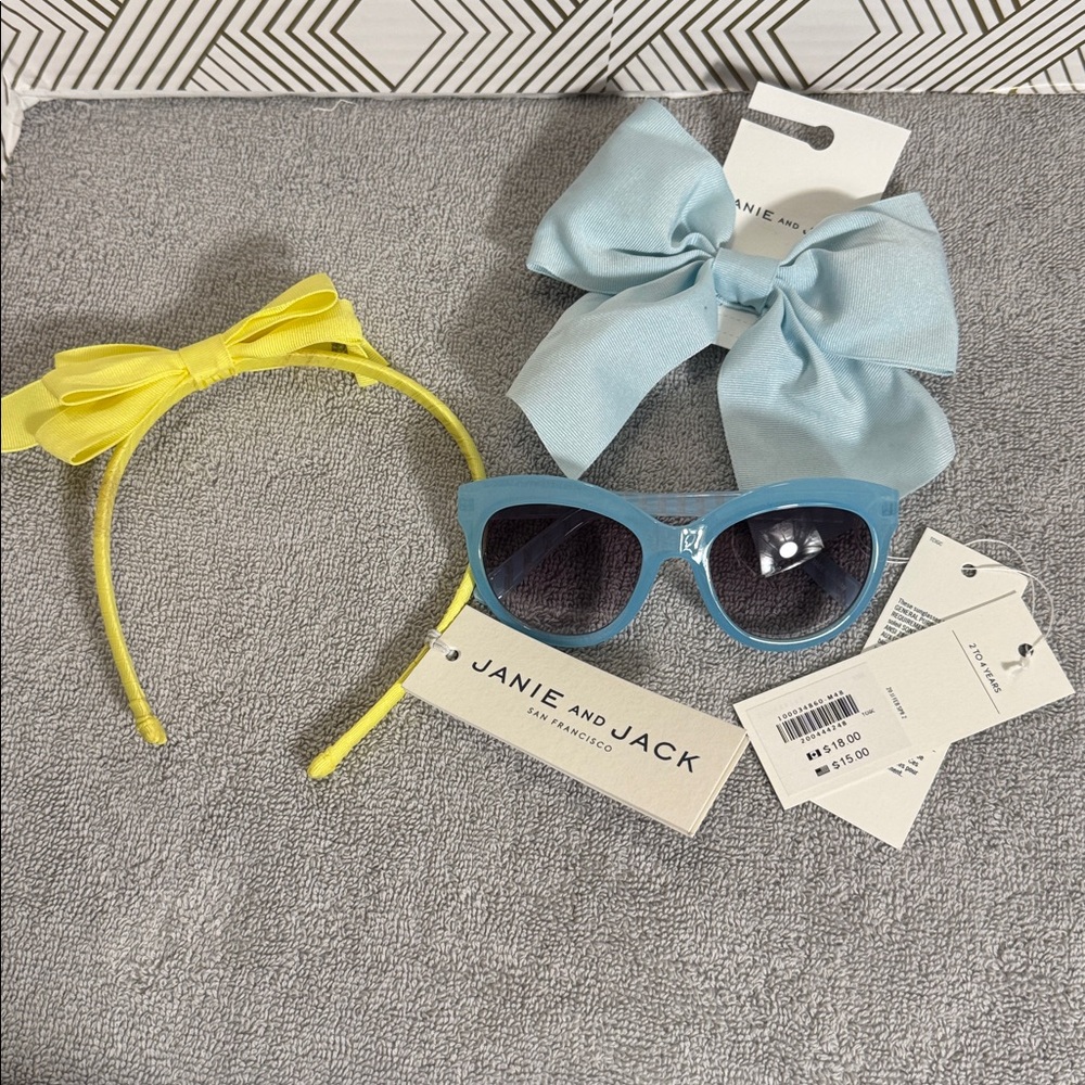 Janie and Jack NWT Yellow Headband Light Blue Bow Set with Sunglasses 2-4yeara
